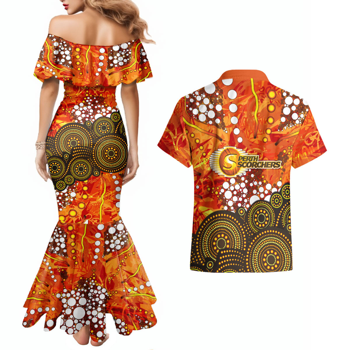 Perth Scorchers Couples Matching Mermaid Dress and Hawaiian Shirt Graffiti Urban Aboriginal Dot Abstract Design