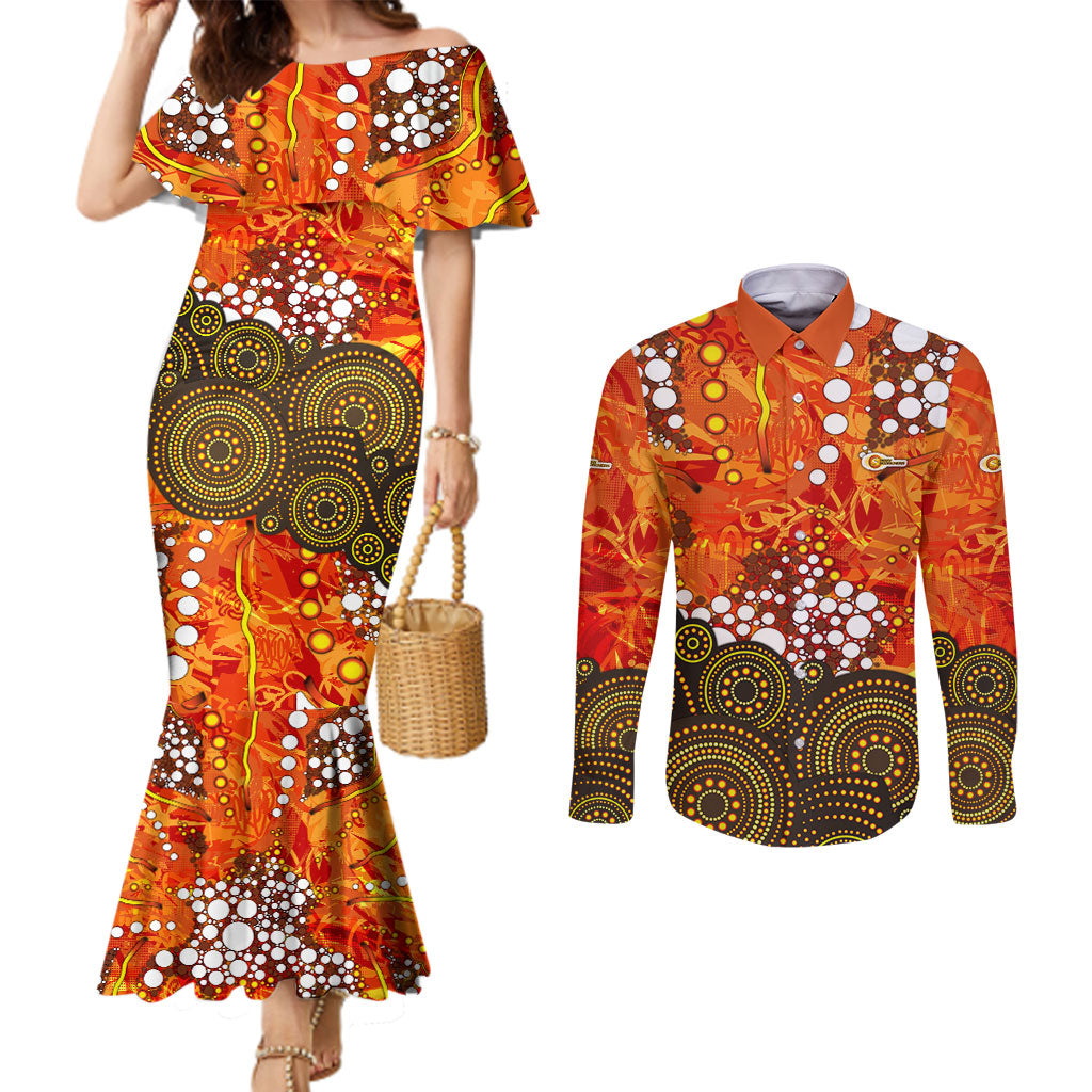 Perth Scorchers Couples Matching Mermaid Dress and Long Sleeve Button Shirt Graffiti Urban Aboriginal Dot Abstract Design
