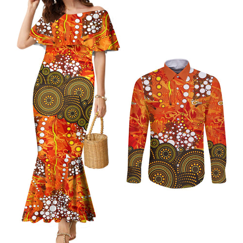 Perth Scorchers Couples Matching Mermaid Dress and Long Sleeve Button Shirt Graffiti Urban Aboriginal Dot Abstract Design
