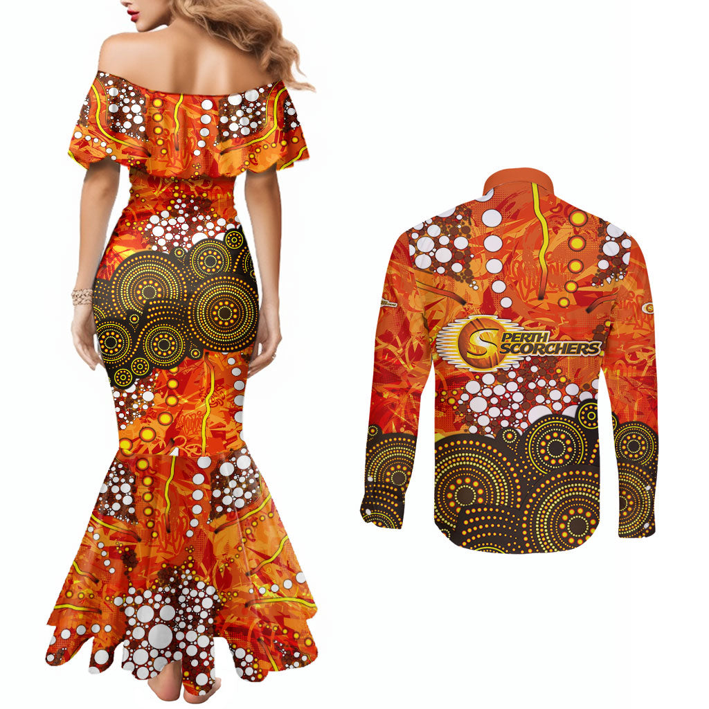 Perth Scorchers Couples Matching Mermaid Dress and Long Sleeve Button Shirt Graffiti Urban Aboriginal Dot Abstract Design