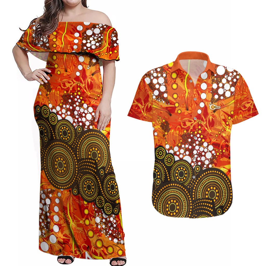 Perth Scorchers Couples Matching Off Shoulder Maxi Dress and Hawaiian Shirt Graffiti Urban Aboriginal Dot Abstract Design