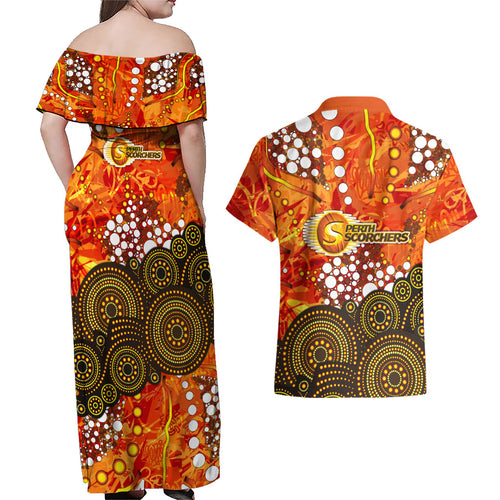 Perth Scorchers Couples Matching Off Shoulder Maxi Dress and Hawaiian Shirt Graffiti Urban Aboriginal Dot Abstract Design