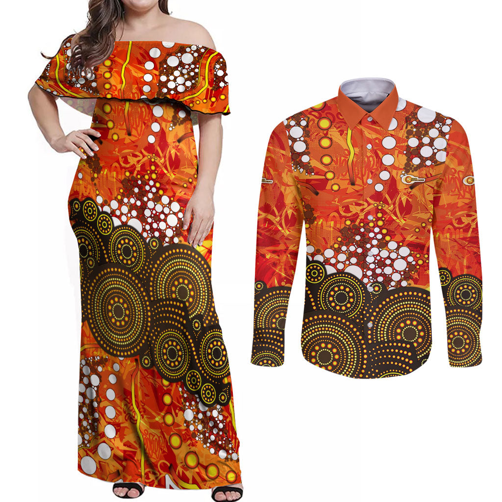 Perth Scorchers Couples Matching Off Shoulder Maxi Dress and Long Sleeve Button Shirt Graffiti Urban Aboriginal Dot Abstract Design