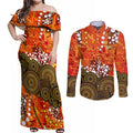Perth Scorchers Couples Matching Off Shoulder Maxi Dress and Long Sleeve Button Shirt Graffiti Urban Aboriginal Dot Abstract Design