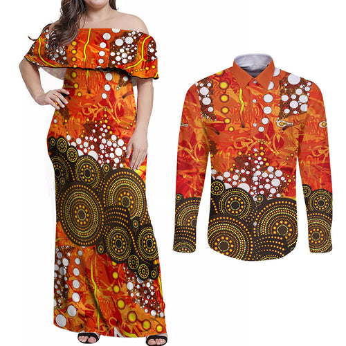 Perth Scorchers Couples Matching Off Shoulder Maxi Dress and Long Sleeve Button Shirt Graffiti Urban Aboriginal Dot Abstract Design