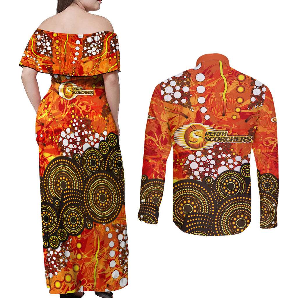Perth Scorchers Couples Matching Off Shoulder Maxi Dress and Long Sleeve Button Shirt Graffiti Urban Aboriginal Dot Abstract Design