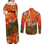 Perth Scorchers Couples Matching Off Shoulder Maxi Dress and Long Sleeve Button Shirt Graffiti Urban Aboriginal Dot Abstract Design