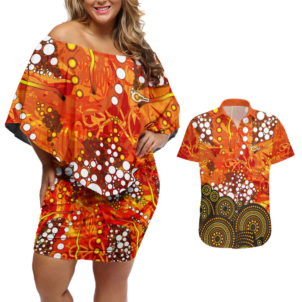 Perth Scorchers Couples Matching Off Shoulder Short Dress and Hawaiian Shirt Graffiti Urban Aboriginal Dot Abstract Design