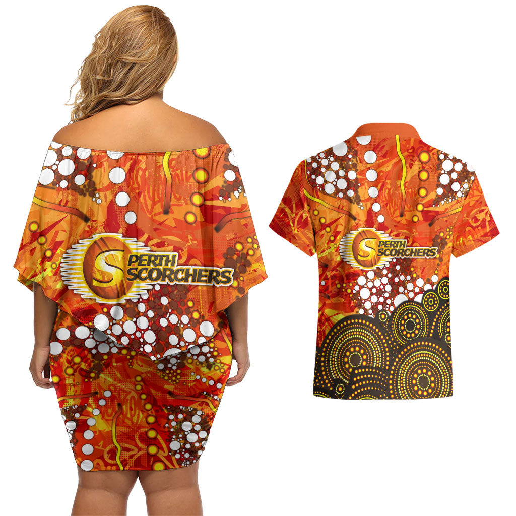 Perth Scorchers Couples Matching Off Shoulder Short Dress and Hawaiian Shirt Graffiti Urban Aboriginal Dot Abstract Design