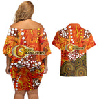 Perth Scorchers Couples Matching Off Shoulder Short Dress and Hawaiian Shirt Graffiti Urban Aboriginal Dot Abstract Design