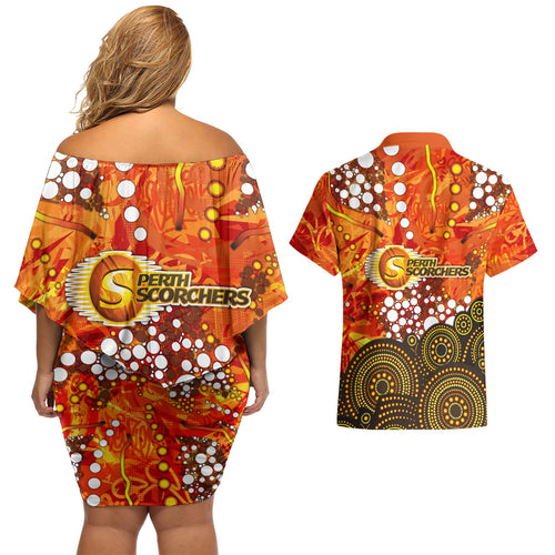 Perth Scorchers Couples Matching Off Shoulder Short Dress and Hawaiian Shirt Graffiti Urban Aboriginal Dot Abstract Design