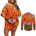 Perth Scorchers Couples Matching Off Shoulder Short Dress and Long Sleeve Button Shirt Graffiti Urban Aboriginal Dot Abstract Design