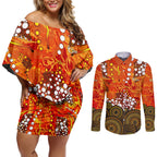 Perth Scorchers Couples Matching Off Shoulder Short Dress and Long Sleeve Button Shirt Graffiti Urban Aboriginal Dot Abstract Design