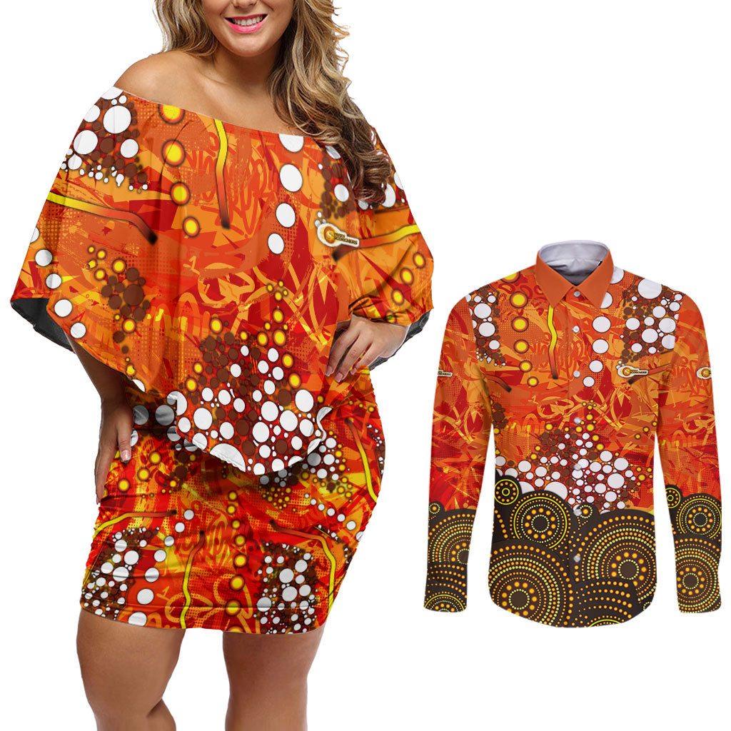 Perth Scorchers Couples Matching Off Shoulder Short Dress and Long Sleeve Button Shirt Graffiti Urban Aboriginal Dot Abstract Design