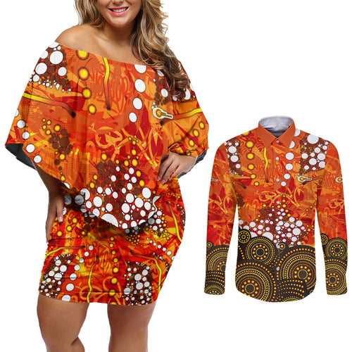 Perth Scorchers Couples Matching Off Shoulder Short Dress and Long Sleeve Button Shirt Graffiti Urban Aboriginal Dot Abstract Design