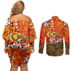 Perth Scorchers Couples Matching Off Shoulder Short Dress and Long Sleeve Button Shirt Graffiti Urban Aboriginal Dot Abstract Design