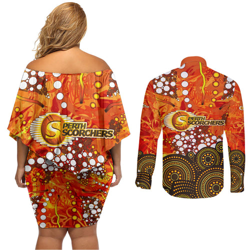 Perth Scorchers Couples Matching Off Shoulder Short Dress and Long Sleeve Button Shirt Graffiti Urban Aboriginal Dot Abstract Design