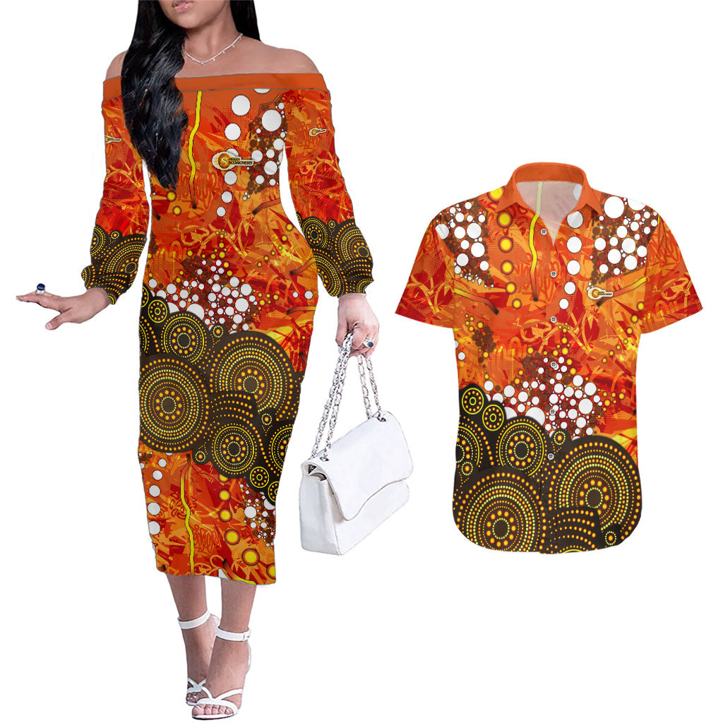 Perth Scorchers Couples Matching Off The Shoulder Long Sleeve Dress and Hawaiian Shirt Graffiti Urban Aboriginal Dot Abstract Design