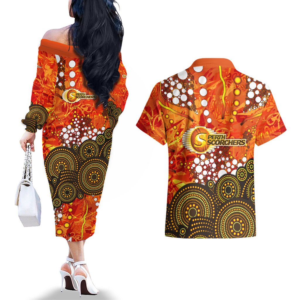 Perth Scorchers Couples Matching Off The Shoulder Long Sleeve Dress and Hawaiian Shirt Graffiti Urban Aboriginal Dot Abstract Design
