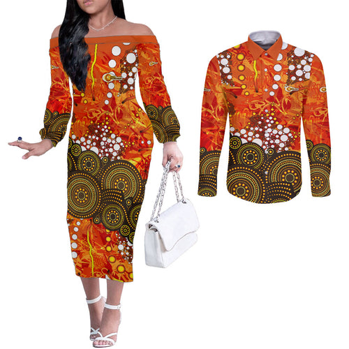 Perth Scorchers Couples Matching Off The Shoulder Long Sleeve Dress and Long Sleeve Button Shirt Graffiti Urban Aboriginal Dot Abstract Design