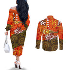 Perth Scorchers Couples Matching Off The Shoulder Long Sleeve Dress and Long Sleeve Button Shirt Graffiti Urban Aboriginal Dot Abstract Design