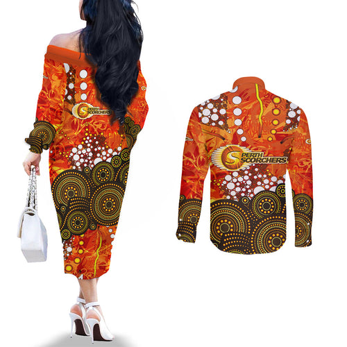 Perth Scorchers Couples Matching Off The Shoulder Long Sleeve Dress and Long Sleeve Button Shirt Graffiti Urban Aboriginal Dot Abstract Design