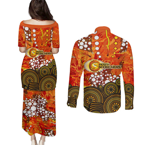 Perth Scorchers Couples Matching Puletasi and Long Sleeve Button Shirt Graffiti Urban Aboriginal Dot Abstract Design