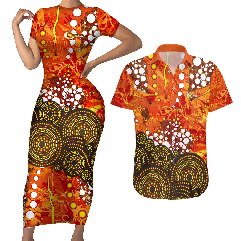 Perth Scorchers Couples Matching Short Sleeve Bodycon Dress and Hawaiian Shirt Graffiti Urban Aboriginal Dot Abstract Design