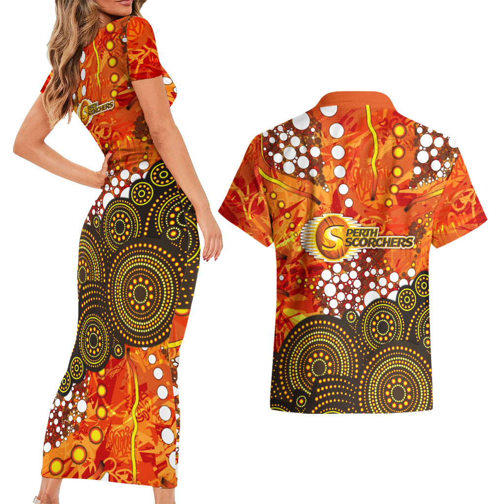 Perth Scorchers Couples Matching Short Sleeve Bodycon Dress and Hawaiian Shirt Graffiti Urban Aboriginal Dot Abstract Design