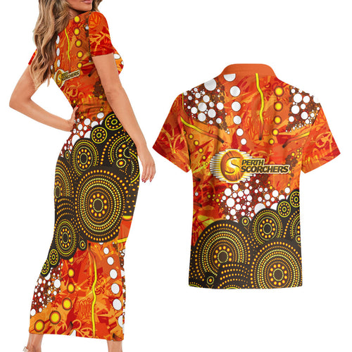 Perth Scorchers Couples Matching Short Sleeve Bodycon Dress and Hawaiian Shirt Graffiti Urban Aboriginal Dot Abstract Design