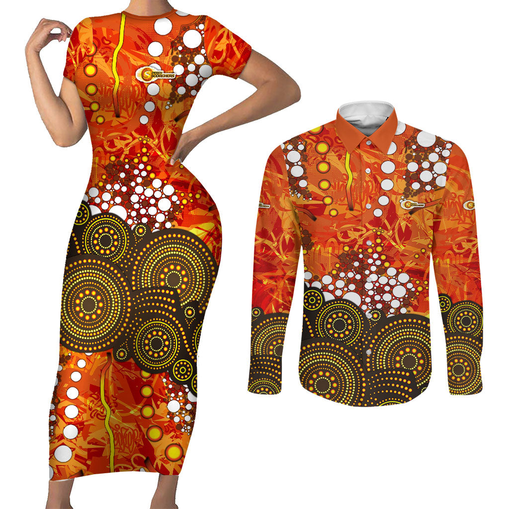 Perth Scorchers Couples Matching Short Sleeve Bodycon Dress and Long Sleeve Button Shirt Graffiti Urban Aboriginal Dot Abstract Design