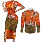 Perth Scorchers Couples Matching Short Sleeve Bodycon Dress and Long Sleeve Button Shirt Graffiti Urban Aboriginal Dot Abstract Design