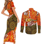 Perth Scorchers Couples Matching Short Sleeve Bodycon Dress and Long Sleeve Button Shirt Graffiti Urban Aboriginal Dot Abstract Design