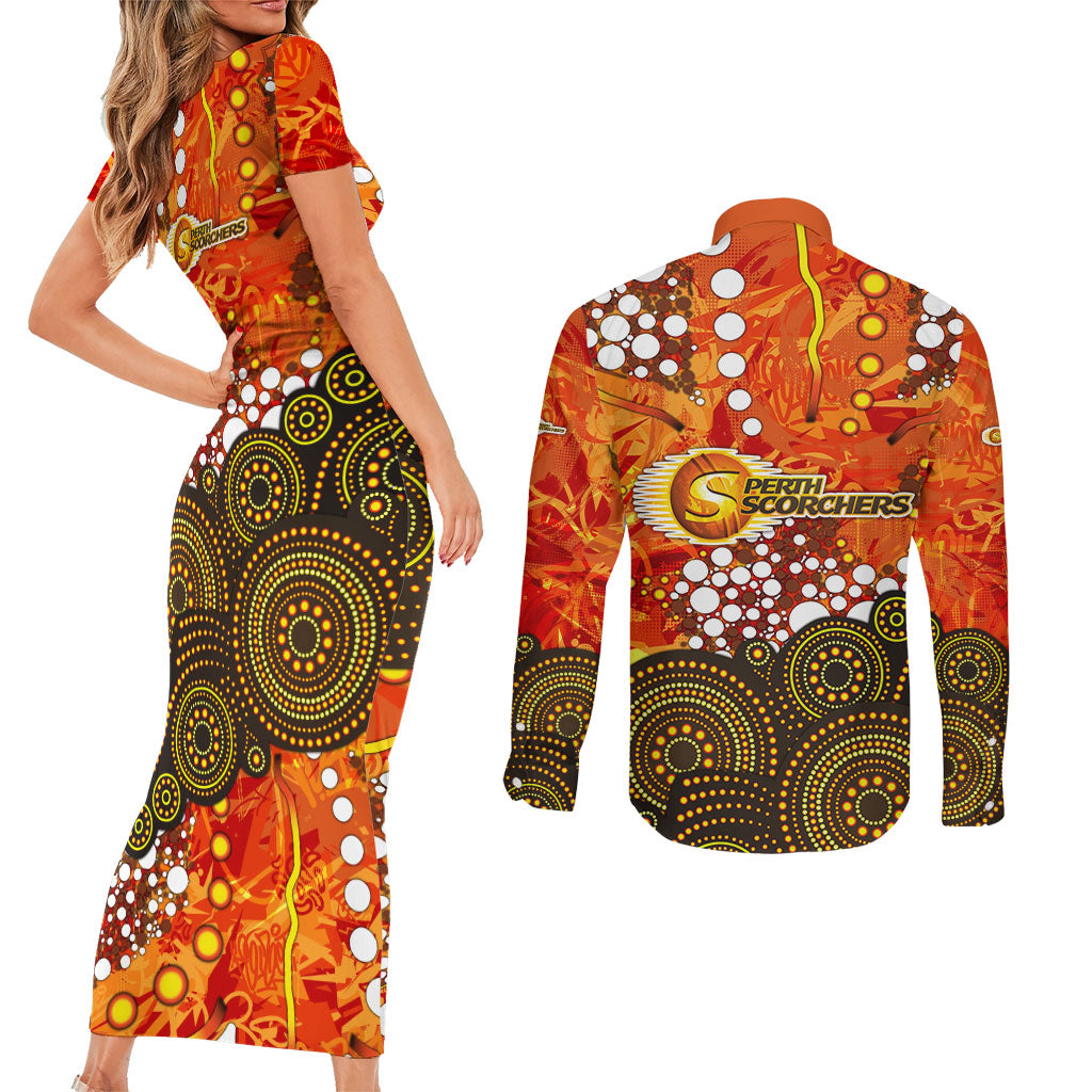 Perth Scorchers Couples Matching Short Sleeve Bodycon Dress and Long Sleeve Button Shirt Graffiti Urban Aboriginal Dot Abstract Design