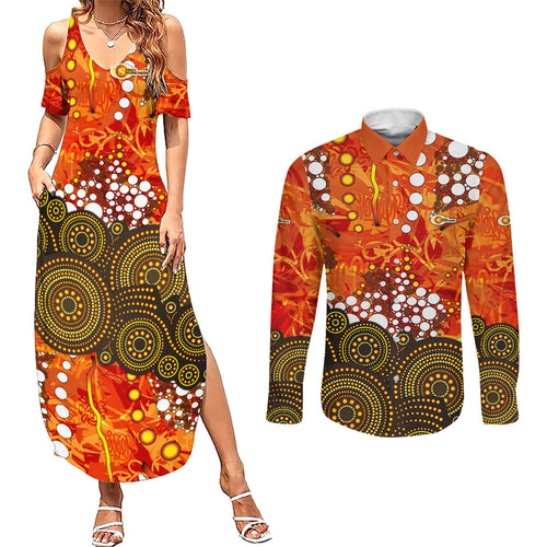 Perth Scorchers Couples Matching Summer Maxi Dress and Long Sleeve Button Shirt Graffiti Urban Aboriginal Dot Abstract Design
