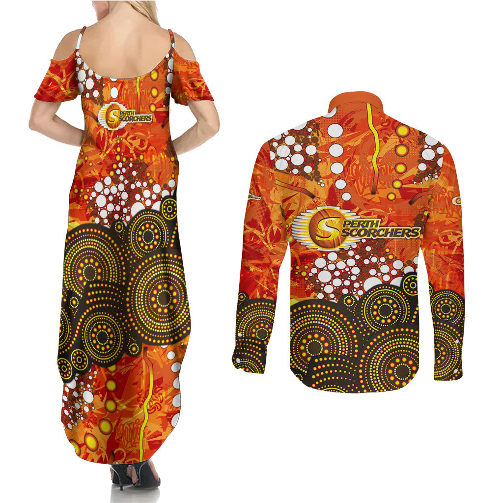 Perth Scorchers Couples Matching Summer Maxi Dress and Long Sleeve Button Shirt Graffiti Urban Aboriginal Dot Abstract Design