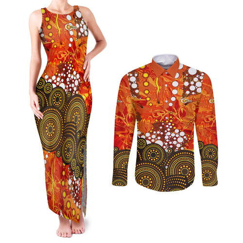 Perth Scorchers Couples Matching Tank Maxi Dress and Long Sleeve Button Shirt Graffiti Urban Aboriginal Dot Abstract Design