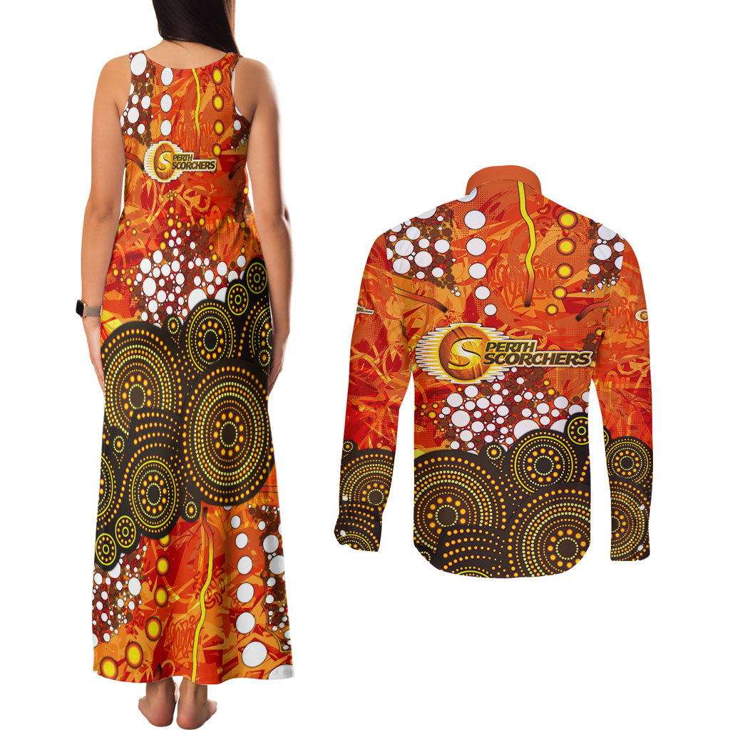 Perth Scorchers Couples Matching Tank Maxi Dress and Long Sleeve Button Shirt Graffiti Urban Aboriginal Dot Abstract Design