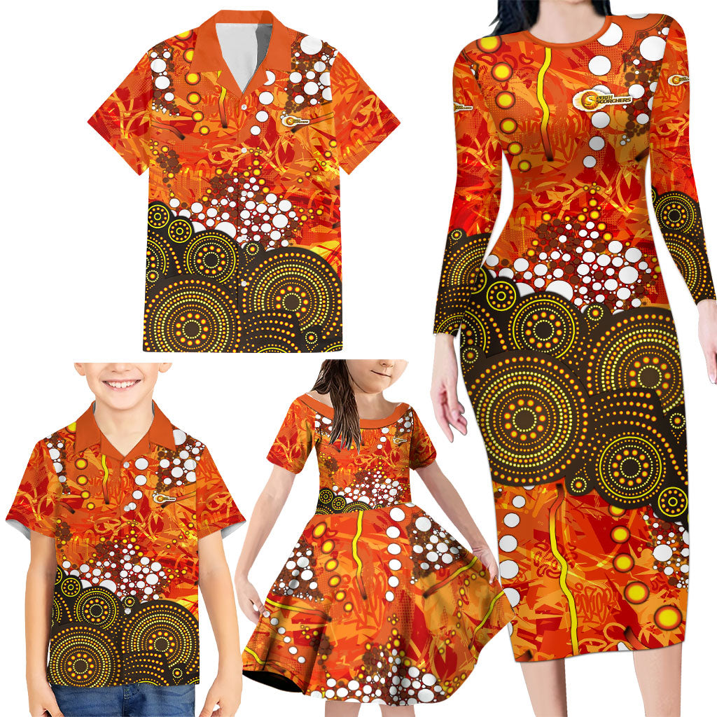 Perth Scorchers Family Matching Long Sleeve Bodycon Dress and Hawaiian Shirt Graffiti Urban Aboriginal Dot Abstract Design