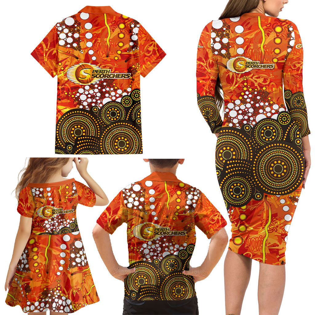 Perth Scorchers Family Matching Long Sleeve Bodycon Dress and Hawaiian Shirt Graffiti Urban Aboriginal Dot Abstract Design