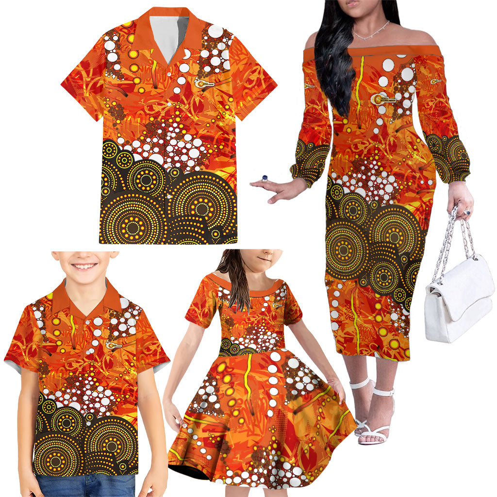 Perth Scorchers Family Matching Off The Shoulder Long Sleeve Dress and Hawaiian Shirt Graffiti Urban Aboriginal Dot Abstract Design