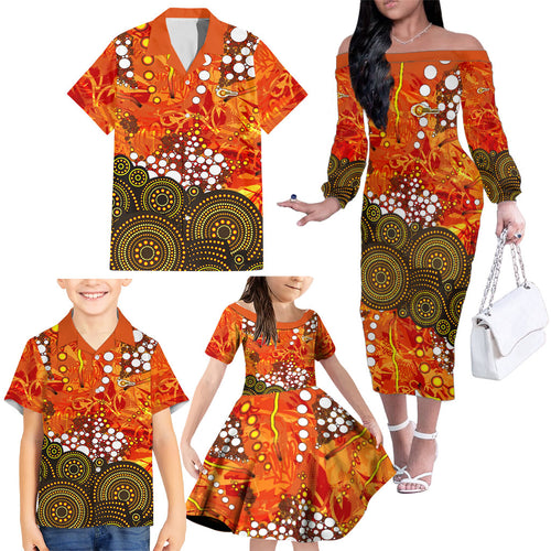 Perth Scorchers Family Matching Off The Shoulder Long Sleeve Dress and Hawaiian Shirt Graffiti Urban Aboriginal Dot Abstract Design