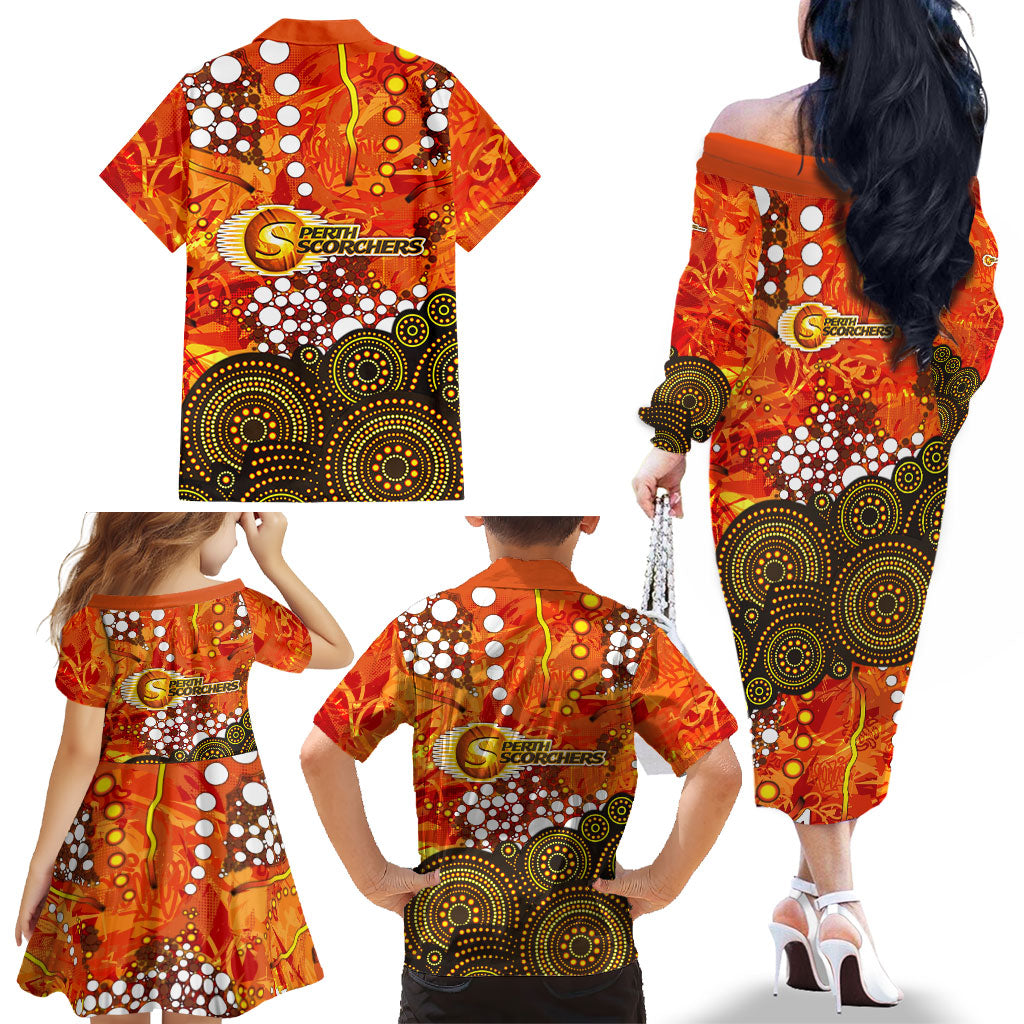 Perth Scorchers Family Matching Off The Shoulder Long Sleeve Dress and Hawaiian Shirt Graffiti Urban Aboriginal Dot Abstract Design