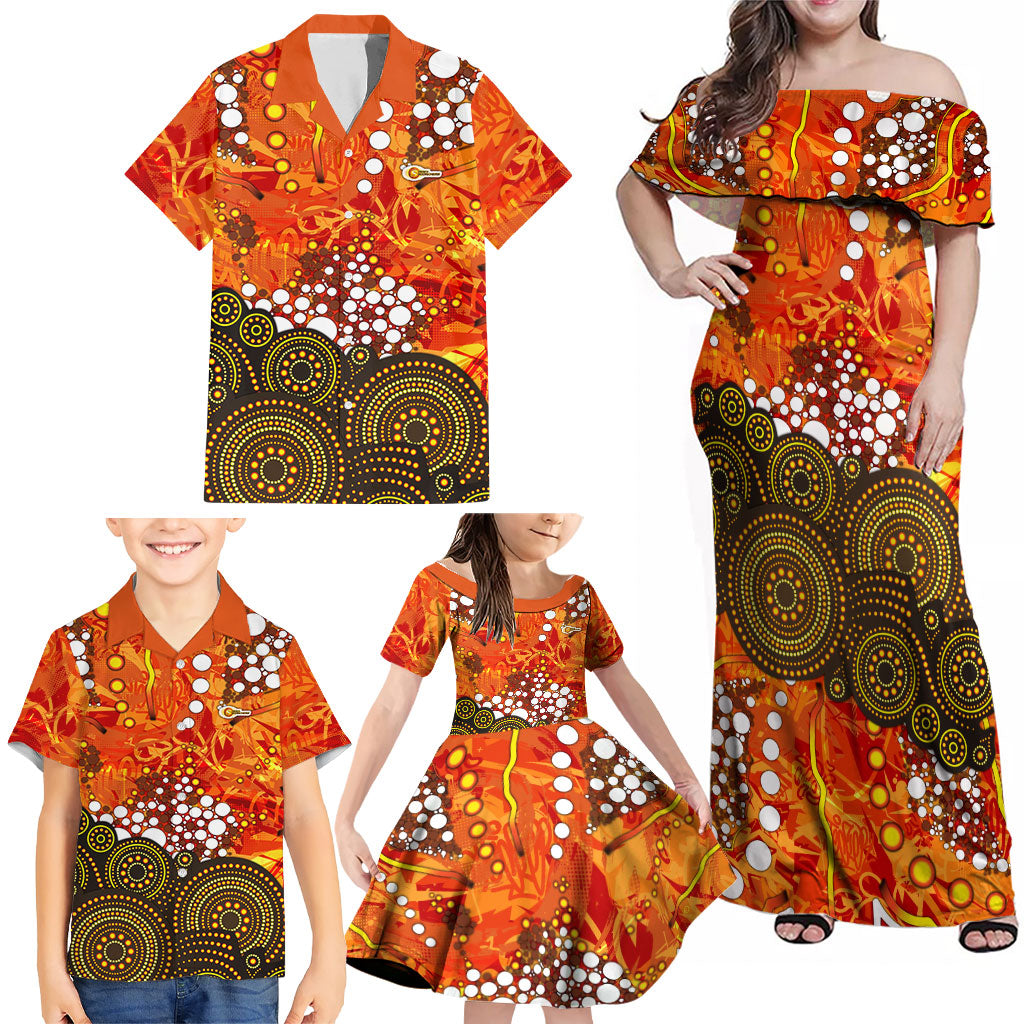 Perth Scorchers Family Matching Off Shoulder Maxi Dress and Hawaiian Shirt Graffiti Urban Aboriginal Dot Abstract Design