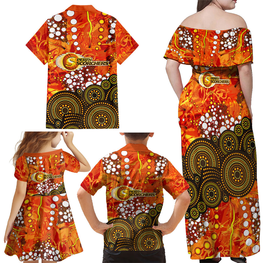 Perth Scorchers Family Matching Off Shoulder Maxi Dress and Hawaiian Shirt Graffiti Urban Aboriginal Dot Abstract Design