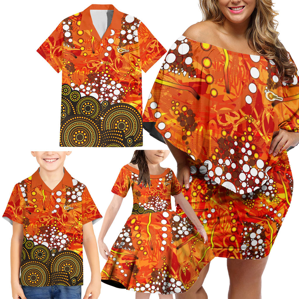 Perth Scorchers Family Matching Off Shoulder Short Dress and Hawaiian Shirt Graffiti Urban Aboriginal Dot Abstract Design