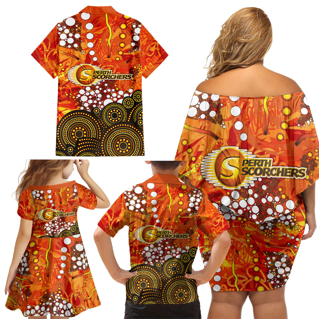Perth Scorchers Family Matching Off Shoulder Short Dress and Hawaiian Shirt Graffiti Urban Aboriginal Dot Abstract Design