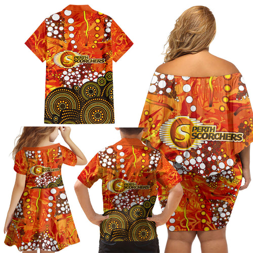 Perth Scorchers Family Matching Off Shoulder Short Dress and Hawaiian Shirt Graffiti Urban Aboriginal Dot Abstract Design