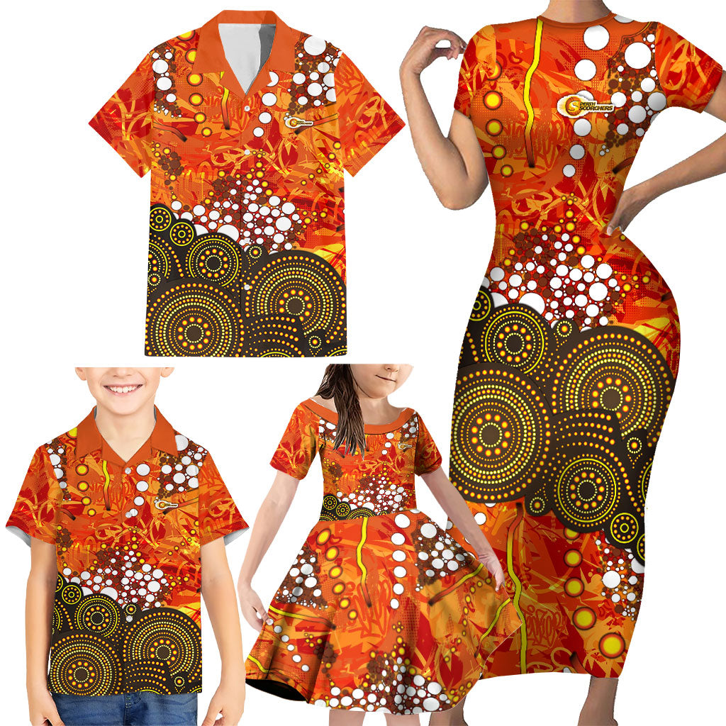 Perth Scorchers Family Matching Short Sleeve Bodycon Dress and Hawaiian Shirt Graffiti Urban Aboriginal Dot Abstract Design