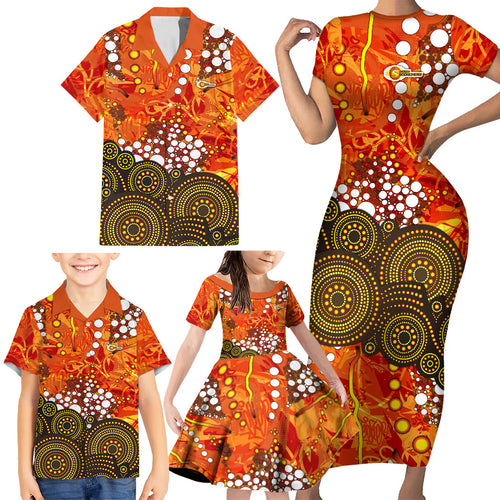 Perth Scorchers Family Matching Short Sleeve Bodycon Dress and Hawaiian Shirt Graffiti Urban Aboriginal Dot Abstract Design